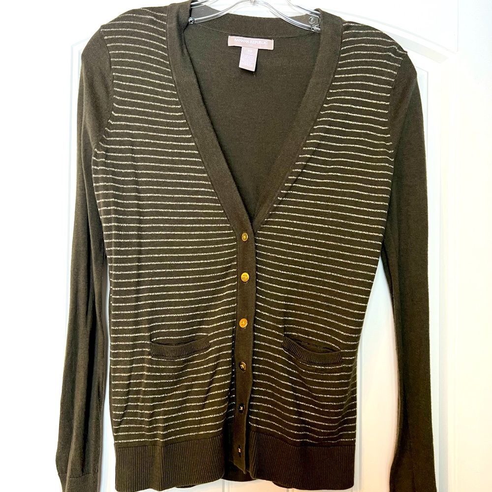 Womens Banana Republic Cardigan Sweater Olive Green XS Long Sleeve Stripes